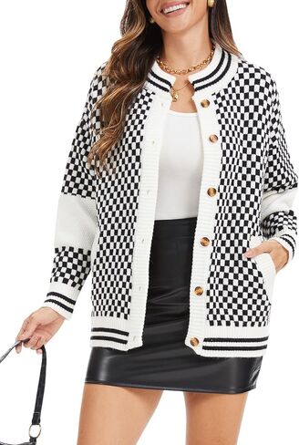 Women Checkered Knit Cardigan Open Front Long Sleeve Plaid Checkerboard Chunky Sweater Outwear with Pockets in Saudi Arabia