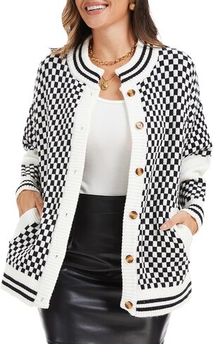 Women Checkered Knit Cardigan Open Front Long Sleeve Plaid Checkerboard Chunky Sweater Outwear with Pockets in Saudi Arabia
