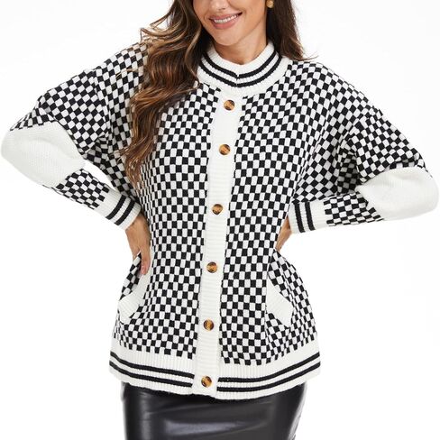 Women Checkered Knit Cardigan Open Front Long Sleeve Plaid Checkerboard Chunky Sweater Outwear with Pockets in Saudi Arabia
