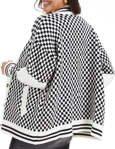 Women Checkered Knit Cardigan Open Front Long Sleeve Plaid Checkerboard Chunky Sweater Outwear with Pockets in Saudi Arabia
