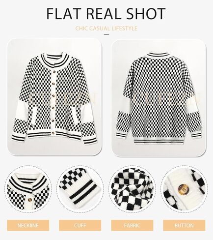 Women Checkered Knit Cardigan Open Front Long Sleeve Plaid Checkerboard Chunky Sweater Outwear with Pockets in Saudi Arabia
