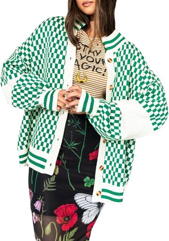Women Checkered Knit Cardigan Open Front Long Sleeve Plaid Checkerboard Chunky Sweater Outwear with Pockets in Saudi Arabia