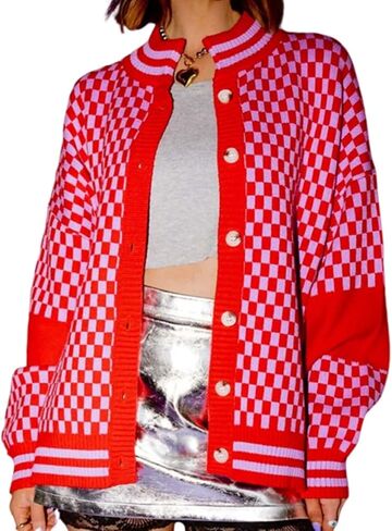 Women Checkered Knit Cardigan Open Front Long Sleeve Plaid Checkerboard Chunky Sweater Outwear with Pockets in Saudi Arabia