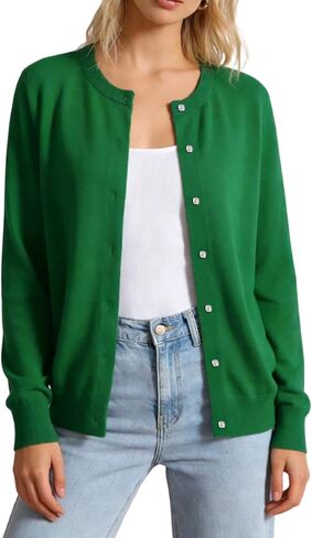 OYOANGLE Women's Lightweight Cardigan Button Front Knit Crew Neck Elegant Long Sleeve Sweater 70s Fall Fashion in Saudi Arabia