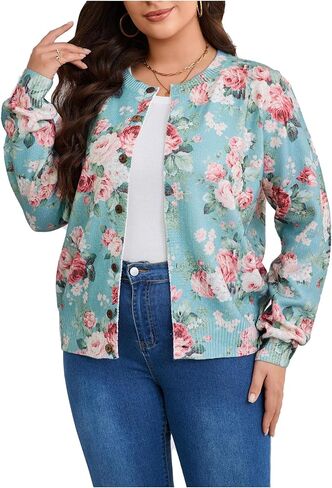 SOLY HUX Women's Plus Size Button Up Cardigan Floral Print Long Sleeve Crew Neck Sweater Coat in Saudi Arabia