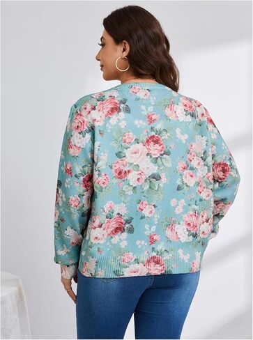 SOLY HUX Women's Plus Size Button Up Cardigan Floral Print Long Sleeve Crew Neck Sweater Coat in Saudi Arabia