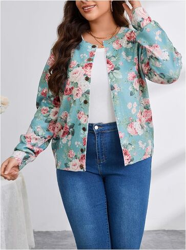 SOLY HUX Women's Plus Size Button Up Cardigan Floral Print Long Sleeve Crew Neck Sweater Coat in Saudi Arabia
