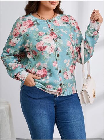 SOLY HUX Women's Plus Size Button Up Cardigan Floral Print Long Sleeve Crew Neck Sweater Coat in Saudi Arabia