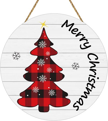 YUNKKIN Christmas Door Decorations Merry Christmas Sign Buffalo Plaid Tree Wall Decorations Wooden Front Door Hanger Tree Hanging Sign Wreath for Wall Indoor Home Decor in Saudi Arabia