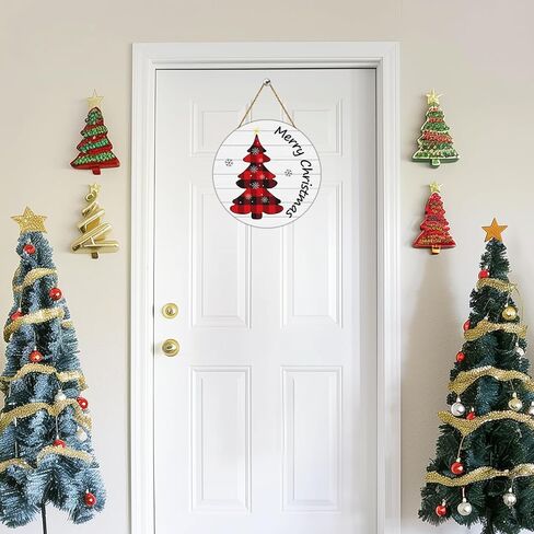 YUNKKIN Christmas Door Decorations Merry Christmas Sign Buffalo Plaid Tree Wall Decorations Wooden Front Door Hanger Tree Hanging Sign Wreath for Wall Indoor Home Decor in Saudi Arabia