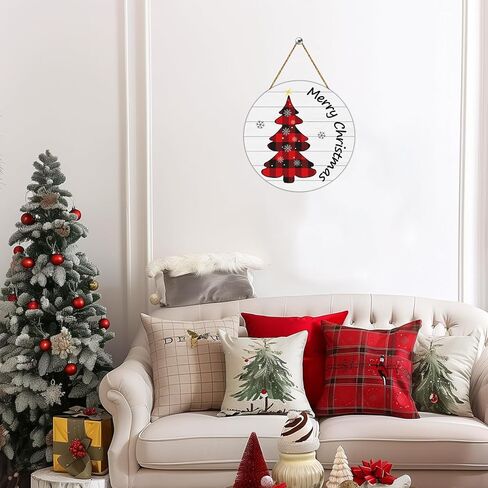 YUNKKIN Christmas Door Decorations Merry Christmas Sign Buffalo Plaid Tree Wall Decorations Wooden Front Door Hanger Tree Hanging Sign Wreath for Wall Indoor Home Decor in Saudi Arabia