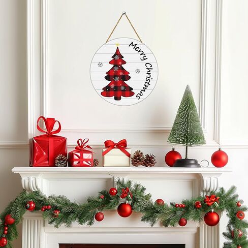 YUNKKIN Christmas Door Decorations Merry Christmas Sign Buffalo Plaid Tree Wall Decorations Wooden Front Door Hanger Tree Hanging Sign Wreath for Wall Indoor Home Decor in Saudi Arabia
