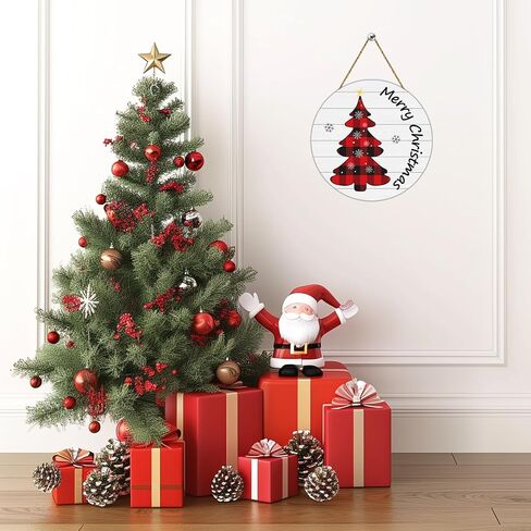 YUNKKIN Christmas Door Decorations Merry Christmas Sign Buffalo Plaid Tree Wall Decorations Wooden Front Door Hanger Tree Hanging Sign Wreath for Wall Indoor Home Decor in Saudi Arabia