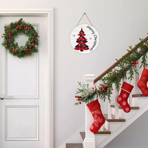 YUNKKIN Christmas Door Decorations Merry Christmas Sign Buffalo Plaid Tree Wall Decorations Wooden Front Door Hanger Tree Hanging Sign Wreath for Wall Indoor Home Decor in Saudi Arabia