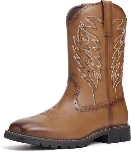 Men's Cowboy Boots - Western Boots Square Toe,Slip Resistant,Retro Embroidered Design,Slip on Chunky Heel Country Boot in Saudi Arabia