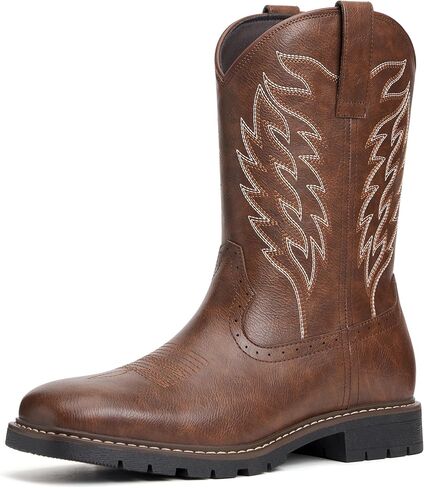 Men's Cowboy Boots - Western Boots Square Toe,Slip Resistant,Retro Embroidered Design,Slip on Chunky Heel Country Boot in Saudi Arabia