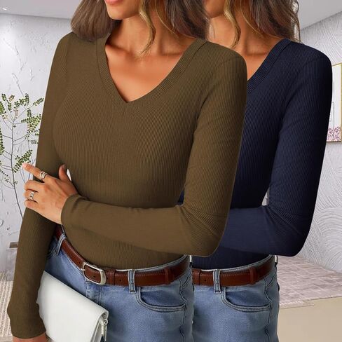 2 Pack Women's Long-Sleeved Ribbed V-Neck top, Basic Casual Shirt for Autumn, Stylish Layering for Winter in Saudi Arabia