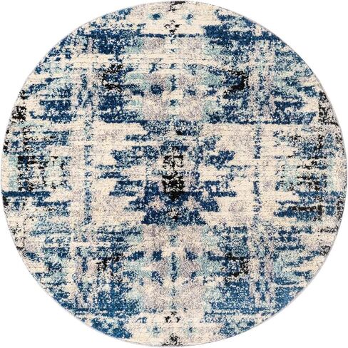 Rugs.com Tucson Collection Rug - سجادة منخفضة زرقاء مستديرة بطول 5 أقدام مثالية للمطابخ وغرف الطعام in Saudi Arabia