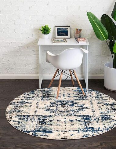 Rugs.com Tucson Collection Rug - سجادة منخفضة زرقاء مستديرة بطول 5 أقدام مثالية للمطابخ وغرف الطعام in Saudi Arabia