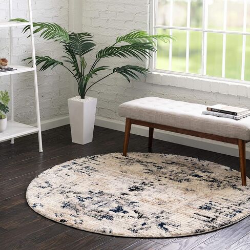 Rugs.com Tucson Collection Rug - سجادة منخفضة زرقاء مستديرة بطول 5 أقدام مثالية للمطابخ وغرف الطعام in Saudi Arabia
