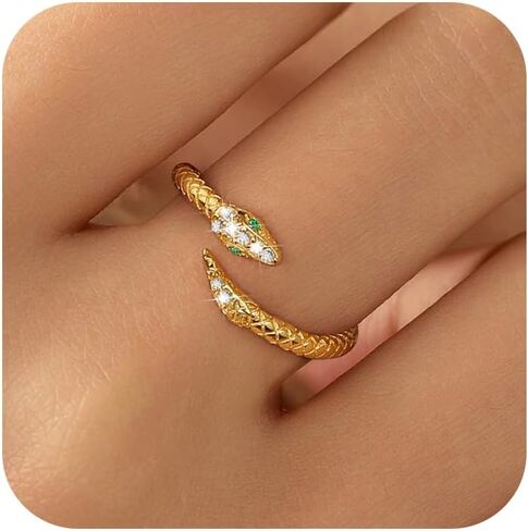 14k Gold Plated Snake Ring for Women Men 925 Sterling Silver Ajustable Open Green CZ Rhinestone Snakes Rings Gothic Retro Animal Ring Fashion Snake Wrap Stacking Statement Band Rings Jewelry Gift for Everyday Wear in Saudi Arabia
