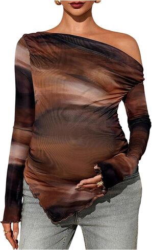 Women's Maternity Tie Dye Off The Shoulder Tops Asymmetrical Hem Long Sleeve T Shirts in Saudi Arabia