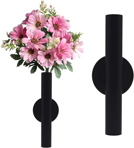 Adhesive Metal Wall Vase Holder - Decorative Tube for Dried/Faux Floral Display, Rust-Resistant Home & Office, Dining Room Also Suitable for Cemetery Memorial Display Decor (1 Pcs Black) in Saudi Arabia