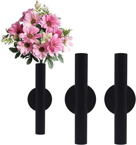 Adhesive Metal Wall Vase Holder - Decorative Tube for Dried/Faux Floral Display, Rust-Resistant Home & Office, Dining Room Also Suitable for Cemetery Memorial Display Decor (1 Pcs Black) in Saudi Arabia