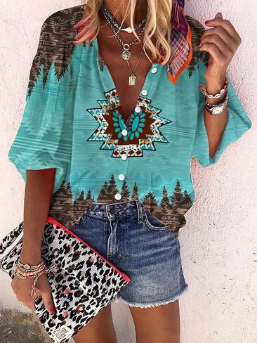 Western Ethnic Style Geometric Print Three-Quarter Sleeve Women's Shirt in Saudi Arabia