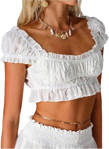 Women's Floral Embroidery Frill Crop Blouses Puff Sleeve Square Neck Coquette Fairy Tops Shirts in Saudi Arabia