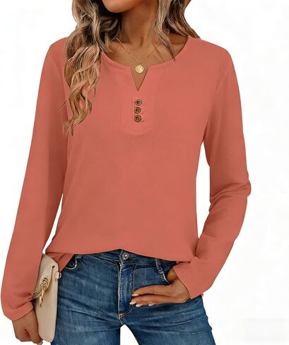 Women’s V Neck Tops Long Sleeve Button Front Casual Lightweight Loose Fit Fall Winter Shirts in Saudi Arabia