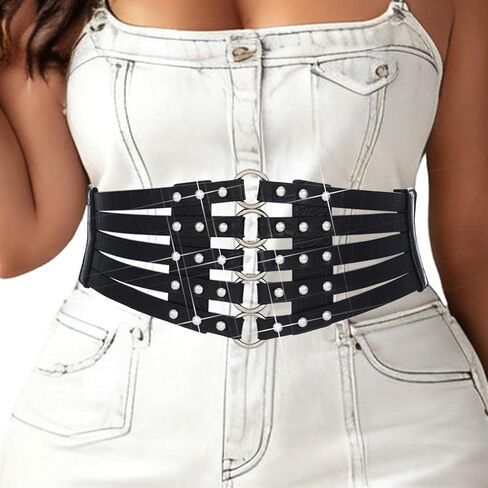 BODIY Black Leather Corset Belt Hollow Out Rivets Cinch Belt Wide Waist Belts for Women in Saudi Arabia