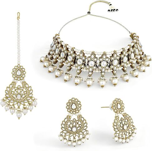 I Jewels Gold Plated Indian Wedding Bollywood Kundan Pearl Drop Choker Necklace Jewellery With Earrings & Maang Tikka Set For Women (K7276) in Kuwait