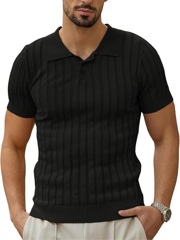 Les umes Mens Collared Shirts Short Sleeve Knitted Casual Polo Shirt V Neck Ribbed Soft Tees in Kuwait