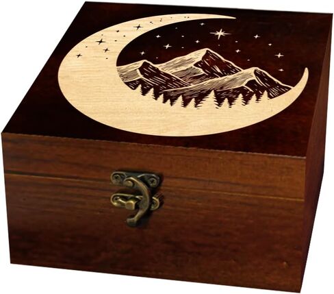 arricraft 1 Pc Wooden Keepsake Storage Box, Crescent Moon Stars Mountains Forest Square Pine Tarot Card Memory Box for Anniversary Jewelry Board Storage 12x12x6cm (4.72x4.72x2.36 inches) in Saudi Arabia