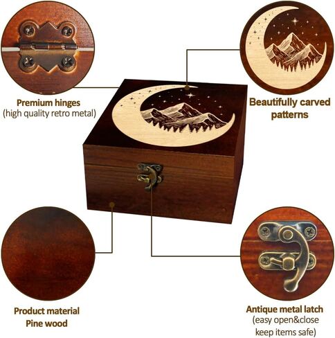 arricraft 1 Pc Wooden Keepsake Storage Box, Crescent Moon Stars Mountains Forest Square Pine Tarot Card Memory Box for Anniversary Jewelry Board Storage 12x12x6cm (4.72x4.72x2.36 inches) in Saudi Arabia