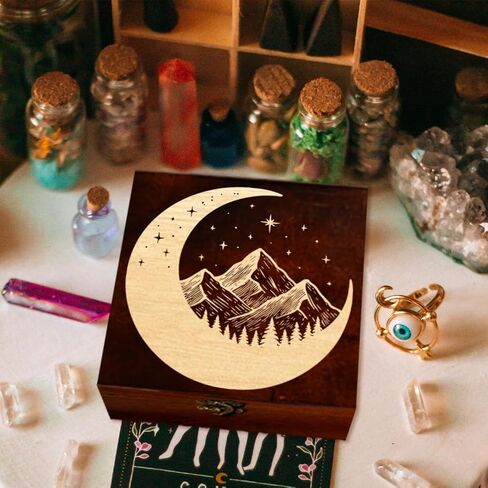 arricraft 1 Pc Wooden Keepsake Storage Box, Crescent Moon Stars Mountains Forest Square Pine Tarot Card Memory Box for Anniversary Jewelry Board Storage 12x12x6cm (4.72x4.72x2.36 inches) in Saudi Arabia