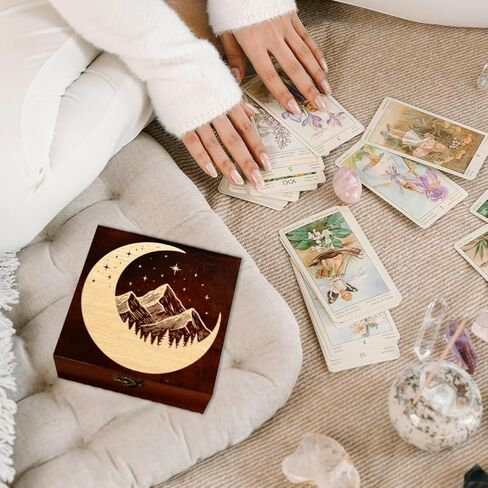 arricraft 1 Pc Wooden Keepsake Storage Box, Crescent Moon Stars Mountains Forest Square Pine Tarot Card Memory Box for Anniversary Jewelry Board Storage 12x12x6cm (4.72x4.72x2.36 inches) in Saudi Arabia