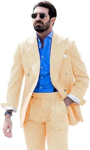 Men's Striped Seersucker Suits 2 Piece Slim Fit Wedding Tuxedo Summer Beach Leisure Suits Sets in Saudi Arabia