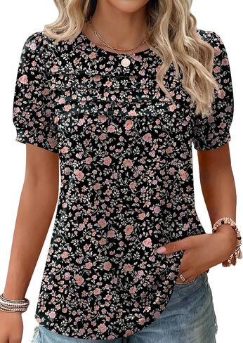 Zeagoo المرأة قصيرة الأكمام بلايز الأزهار بوهو قمصان مطوي Crewneck الصيف الزي نفخة الأكمام البلوزات سترة عادية in Saudi Arabia