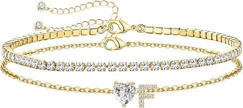 Gold Bracelets for Women Trendy Dainty 14K Gold Plated Layered Initial Tennis Bracelets for Women Non Tarnish A-Z Heart Letter Charm Gifts for Mom Best Friend in Kuwait