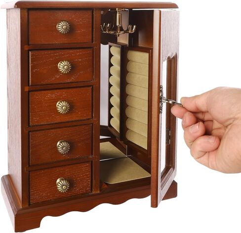 Wooden Jewelry Box, Jewelry Organizer With 5 Drawers Built-in Necklace Carousel and Mirror for Necklaces, Earring, Rings (Dark Wood Color) in Saudi Arabia