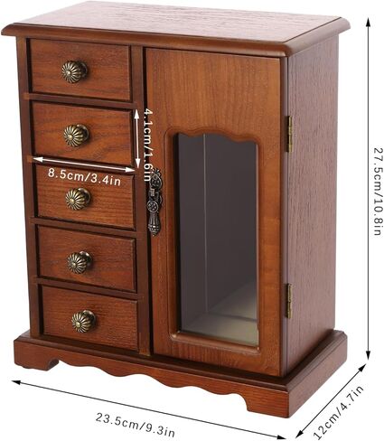 Wooden Jewelry Box, Jewelry Organizer With 5 Drawers Built-in Necklace Carousel and Mirror for Necklaces, Earring, Rings (Dark Wood Color) in Saudi Arabia