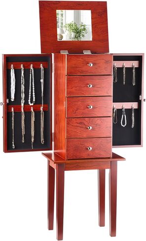 VEVOR Jewelry Cabinet Armoire, Standing Wood Jewelry Storage Chest with 3 Drawers, Flip Top Mirror, 4 Top Storage Compartments, Zinc Alloy Handles, 2 Side Doors with 6 Necklace Hooks in Saudi Arabia