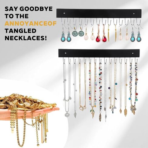 4 قطع من حامل القلائد على الحائط، منظم قلادات حائطي خالٍ من التشابك مع 14 خطافًا، شماعة مجوهرات خشبية، للسلاسل والأساور والأقراط، أسود in Kuwait