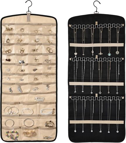 Hanging Jewelry Organizer Storage Roll 56 Zippered Pockets with Detachable Hanger Double-Sided Foldable, Travel Jewelry Holder for Earrings, Rings, Bracelets, Hanging on Closet, Wall, Door, Black in Saudi Arabia
