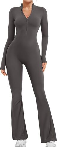 Yeoreo Women Long Sleeve Flare تمرين بذلة Zip up Romper Bottom Pants bodysuit bodycon Sexy One Piece in Saudi Arabia
