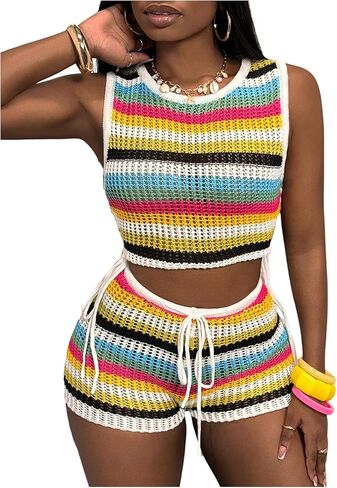 MakeMeChic Women's 2 Piece Summer Outfit Striped Crew Neck Crop Tops and Tie Front Shorts Set in Saudi Arabia