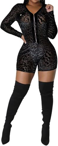 Uni Clau Women Sexy Mesh Patchwork Short Jumpsuit See Through V Neck Outfits Long Sleeve Velvet Club Bodycon Rompers in Saudi Arabia
