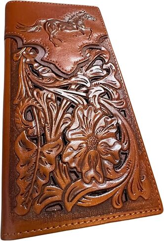 Long Leather Wallet – Stallion Horse Embossed Design – Laser Cut Floral Tooled Pattern – Bi-Fold Cowboy Wallet – Ranch Rodeo Western Leather Wallet for Men in Saudi Arabia